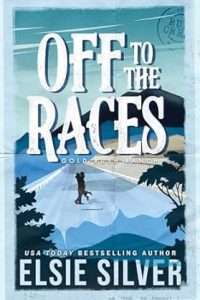 Illustrated cover all in tones of blue showing a couple embracing on a racecourse, mountains in the background.