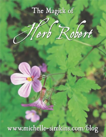 fern-like green leaves and small pink flowers with the words 