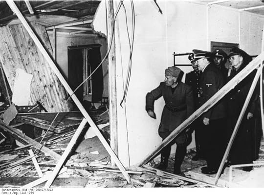 Adolf Hitler showing Benito Mussolini the wreckage after the unsuccessful assassination attempt on Adolf Hitler, Wolfsschanze, Rastenburg, Germany, late July 1944 (German Federal Archive: Bild 146-1969-071A-03)