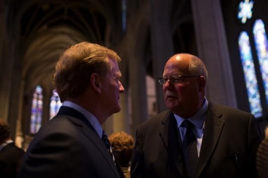 NFL commissioner Roger Goodell, left, talks with former coach Mike Holmgren, right, after a private memorial service for San Francisco 49ers great Dwight Clark at Grace Cathedral in San Francisco on Wednesday, Aug. 1, 2018. (Randy Vazquez/ Bay Area News Group)