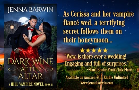 Graphic includes book cover, a man dancing with a woman, and text:As Cerissa and her vampire fiance we, a terrifying secret follows them on their honeymoon. 5 stars 