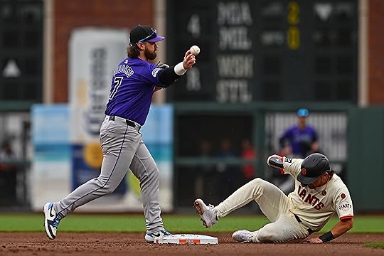 Colorado Rockies’ Brendan Rodgers (7) forces out San Francisco Giants’...