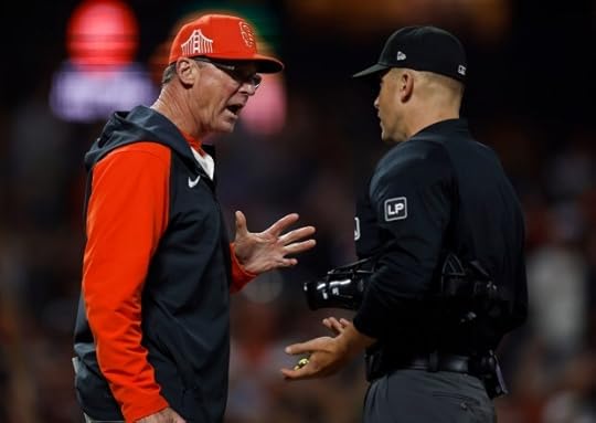 San Francisco Giants manager Bob Melvin argues with home plate umpire Chris Segal after San Francisco Giants' Heliot Ramos (17) was ejected from the game against the Oakland Athletics in the seventh inning at Oracle Park in San Francisco, Calif., on Tuesday, July 30, 2024. (Nhat V. Meyer/Bay Area News Group)