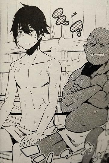 Red, looking scrawny and disgruntled, in a sauna next to an orc