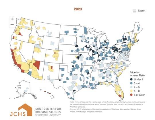 Map of US, colored by home price to median income ratio, 2023.