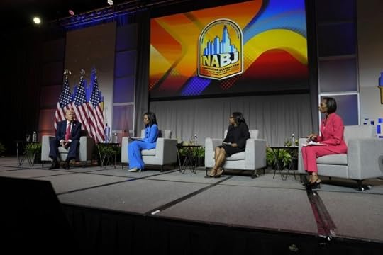 Republican presidential candidate former President Donald Trump, left, moderated by ABC's Rachel Scott, FOX News' Harris Faulkner and Semafor's Nadia Goba, speaks at the National Association of Black Journalists, NABJ, convention, Wednesday, July 31, 2024, in Chicago. (AP Photo/Charles Rex Arbogast)