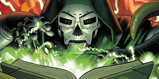 Doctor Doom reads from a book of magic spells.
