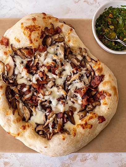 summer mushroom pizza with pistachio vinaigrette