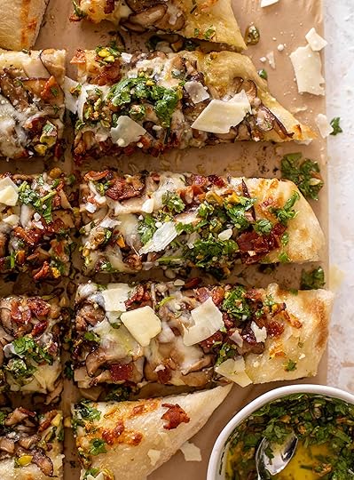 summer mushroom pizza with pistachio vinaigrette
