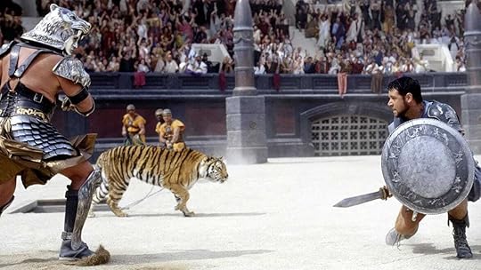 A tiger in a arena with a swordDescription automatically generated
