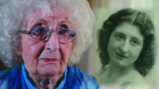 two portraits side-by-side. On the left is an older woman with white curly hair, wearing glasses and a blue sweater. She has a serious expression on her face. On the right is a younger woman with dark curly hair, smiling and looking directly at the camera. The contrasting images suggest a comparison between the two women, perhaps at different stages of their lives