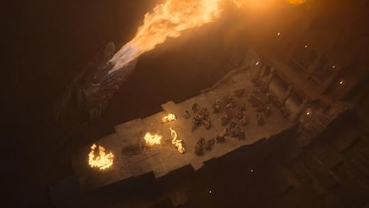 Vermithor breathing fire as some burn and others flee on House of the Dragon