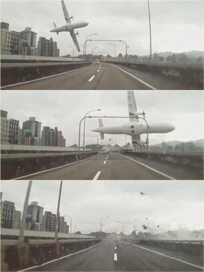 Dashboard cam footage clips of Flight 235 hitting a taxicab and crashing in the water.