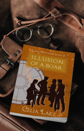Cover of Illusion of a Boar: Two silhouetted men and women standing at a table, on a ground of deep gold with an astrological chart behind them. Shown on a leather satchel with a pair of gold rimmed glasses.
