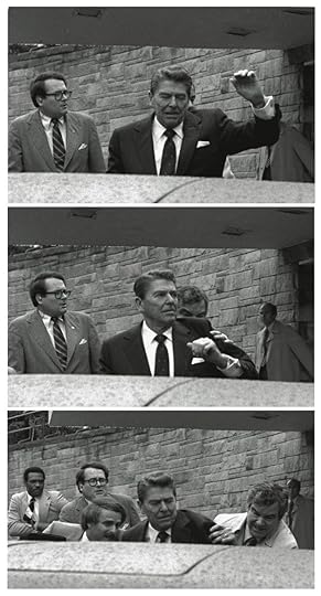 FILE - In this Monday, March 30, 1981 combination file photos, President Reagan waves, then looks up before being shoved into Presidential limousine by Secret Service agents after being shot outside a Washington hotel. (AP Photo/Ron Edmonds, File)