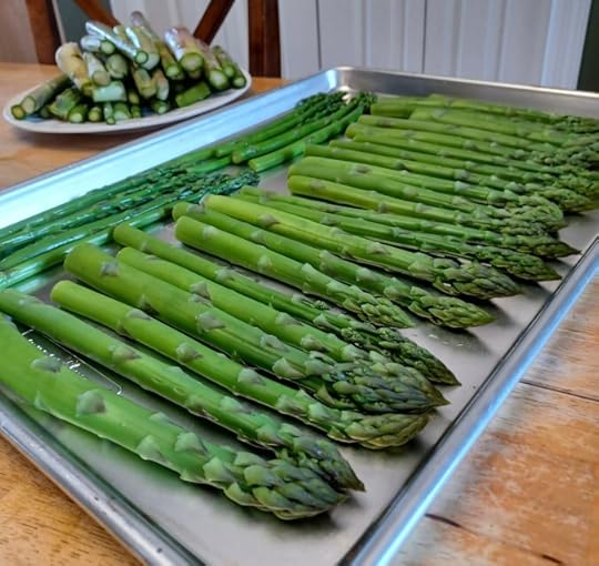 a tray of asparagus laid out for freezing.
