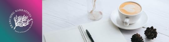 Branching Narratives logo with a pretty latte and notebook.