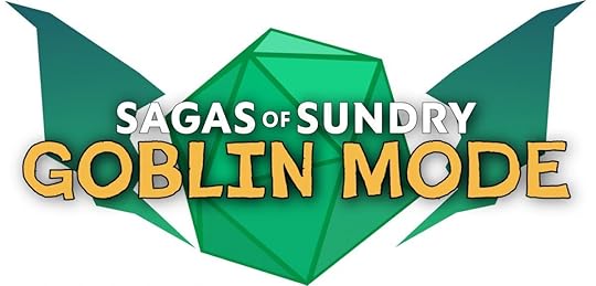 The logo for Sagas of Sundry: Goblin Mode with white and yellow text on a green d20 with goblin ears