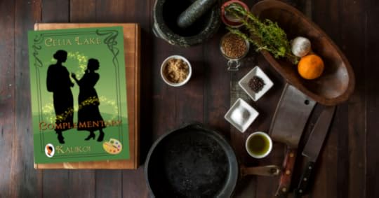 A copy of Complementary lies on a table with various kitchen herbs and tools.