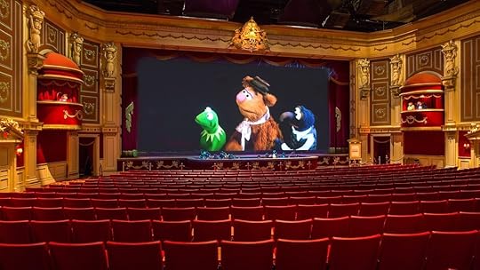 Kermit, Fozzie, and Gonzo onscreen in the Muppet Theater for Muppet* Vision 3D at Hollywood Studios