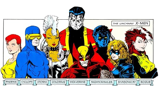 8 X-Men; left to right: Phoenix, Cyclops, Storm, Colossus, Wolverine, Nightcrawler, Shadowcat, and Rogue