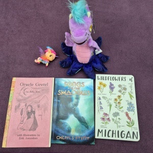 Photo of a small unicorn, a purple dragon plushie with tentacles, a chapbook titled 