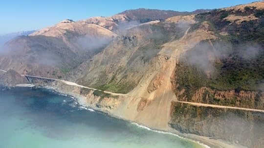 Regent's Slide starts about 450 feet above Highway 1 covering the roadway on Wednesday, Aug. 7, 2024. Crews continue a top-down removal of slide material as part of the challenging repair work at the steep-terrain site. (Photo courtesy Caltrans)