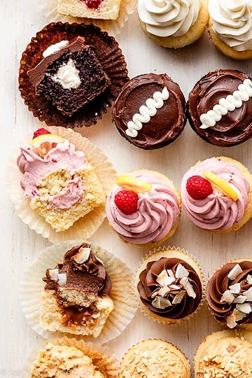 overhead photo of a variety of filled cupcakes.