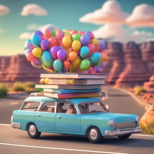 A blue station wagon with giant books and colorful baloons stacked on top. It is driving down the road in the southwest.