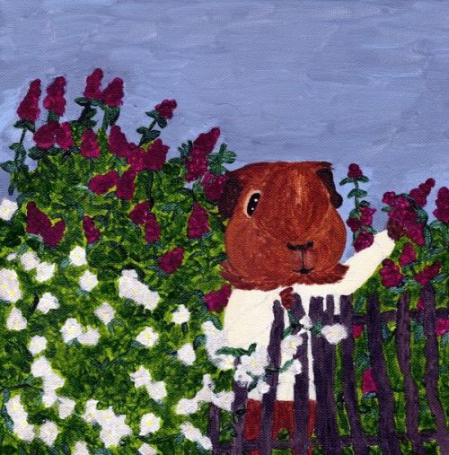Rachel E Smith guinea pig painting Pammy in her English garden