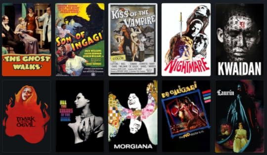 posters for 10 movies set out in 2 rows of 5. The posters are for : The Ghost Walks, Son of Ingagi, Kiss of the Vampire, Nightmare, Kwaidan, Mark of the Devil, All the Colours of the Dark, Morgiana, Dr Caligari and Laurin.