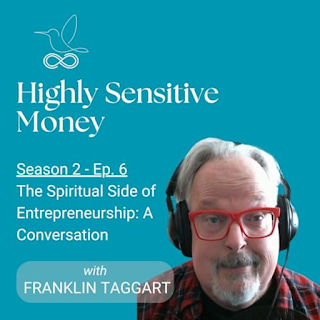 Franklin Taggart on the Highly Sensitive Money Podcast with Diana Yañez. Franklin is a man in his 60s with gray hair and fair skin. In this picture he is wearing bright red glasses and a red and black flannel shirt. He is shown wearing headphones in his podcast and video studio.