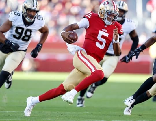 San Francisco 49ers' Joshua Dobbs (5) scrambles against the New Orleans Saints in the second quarter of their preseason game at Levi's Stadium in Santa Clara, Calif., on Sunday, Aug. 18, 2024. (Nhat V. Meyer/Bay Area News Group)
