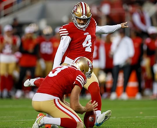 San Francisco 49ers’ Jake Moody (4) kicks a field goal...