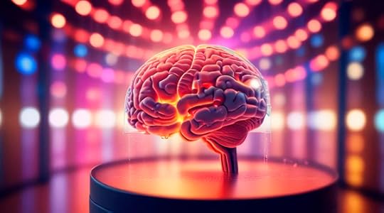 Image of the human brain housed in a glass cylinder and surrounded by flashing laser lights