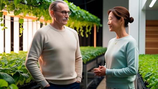 Man and woman standing together in a hydroponics garden