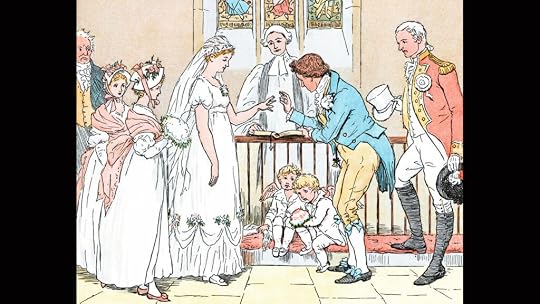 Illustration of a nineteenth-century wedding, with a bride in a white dress and a groom in topcoat, breeches, stockings, etc. The couple stand facing each other in front of a clergyman.