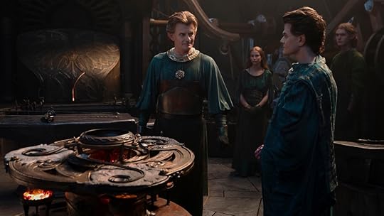 Celebrimbor speaks to Elrond near a small tabletop forge during The Rings of Power's season one finale