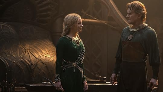 Galadriel holds a dagger while speaking to Celebrimbor inside his forge during The Rings of Power's season one finale
