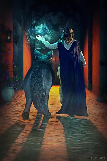 A teen with brown hair and a blue cloak walks down an alleyway toward a well-lit door. She holds her hand upright, and blue magic swirls around her fingers. A giant gray wolf walks beside her. Their shadows stretch long behind them.