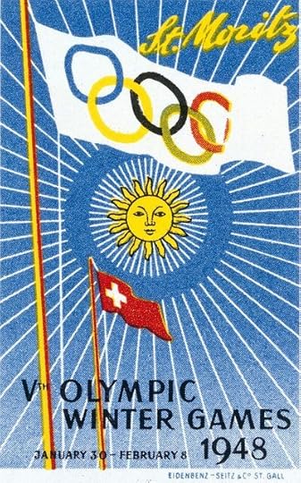 Poster for the 1948 St. Moritz Winter Olympics. The image features the Olympic rings on a white flag, a smiling sun with rays, and the Swiss flag, all set against a blue background with radiating lines. Text reads: Vth Olympic Winter Games and January 30th - February 8, 1948