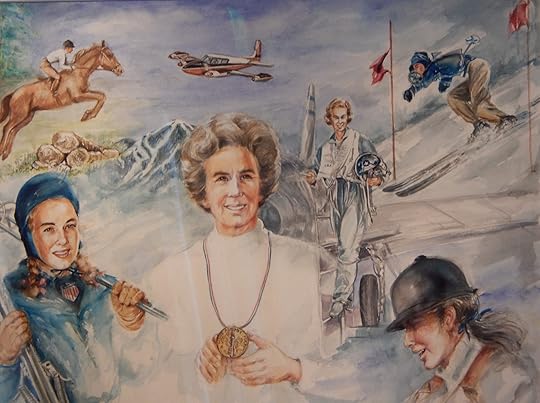 A detailed painting depicting various sports and activities centered around an older woman with short gray hair wearing a white top and holding a large gold medal.
