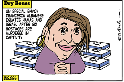 Dry Bones cartoon, UN, Hamas, Albanese, Hostages, murder, Gaza, Israel, Palestinians,