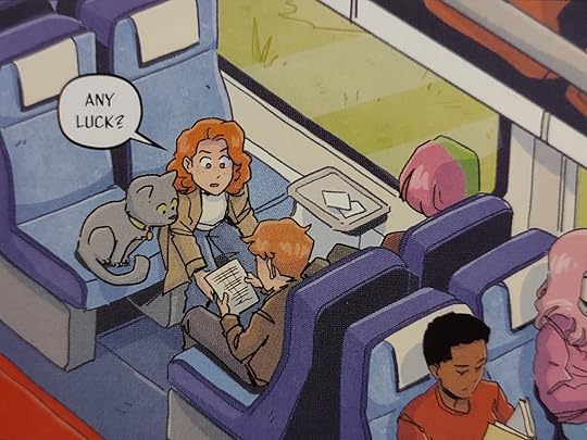 panel of Saladin (who is drawn LARGE for a cat) and Amy facing Dan and Nellie on a train