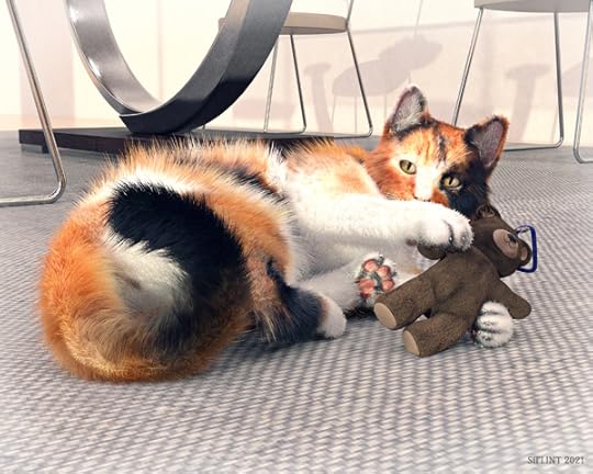 Underneath a metal table on a floor with short blue carpet, a fluffy calico cat glares at someone off camera. She holds a brown teddy bear keychain defensively in her paws.