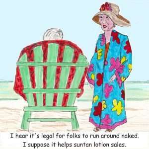 Cartoon. Old man and woman on a nude beach