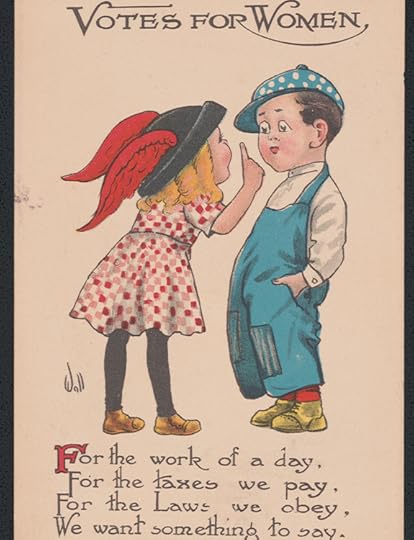 Postcard showing girl holding up finger to boy and poem:
