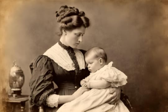 A sepia-toned vintage photograph shows a solemn woman in a Victorian-era dress holding a baby dressed in a lacy gown. The woman looks downward at the baby, who gazes into the distance. A decorative vase sits on a table beside them.