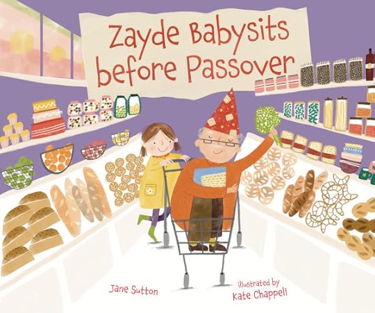 Color book cover with title in red. Girl pushing older man in shopping cart with grocery items on side. Man has glasses, cone-shaped red hat with matzoh patern, holding large sprig of parsley aloft in one hand and clutching box of matzohs. Both smile.
