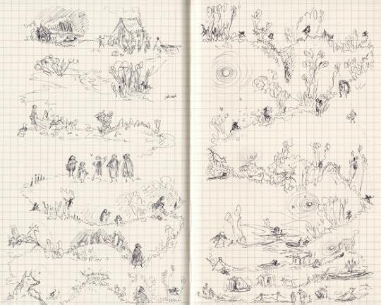 Scribbly biro drawing on gridded paper of a fairytale of five girls running through the woods